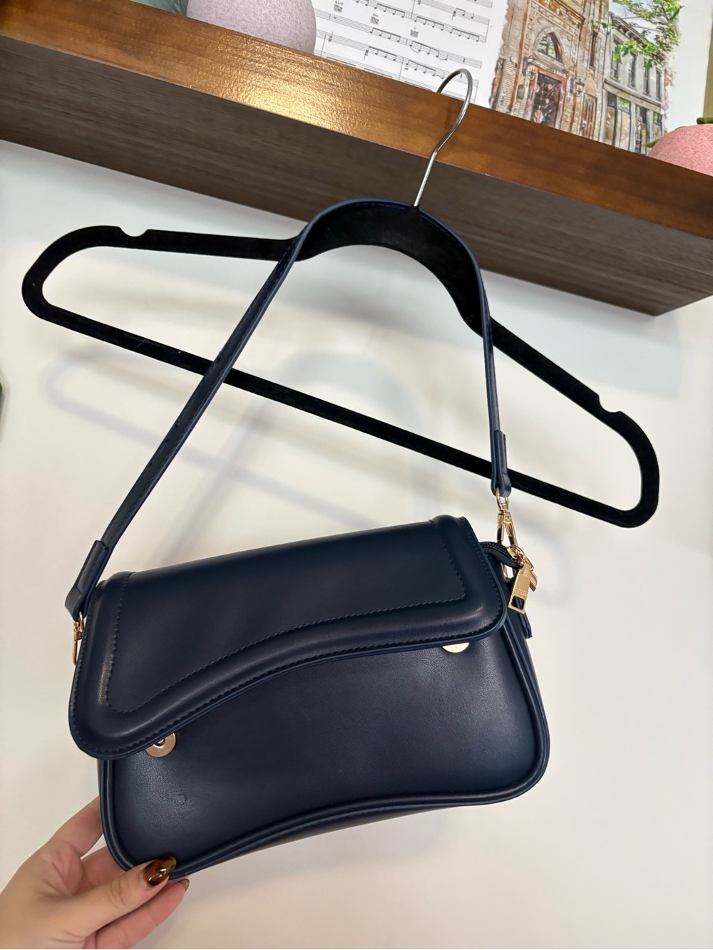 Women's Navy Leather Shoulder Bag with Gold Hardware